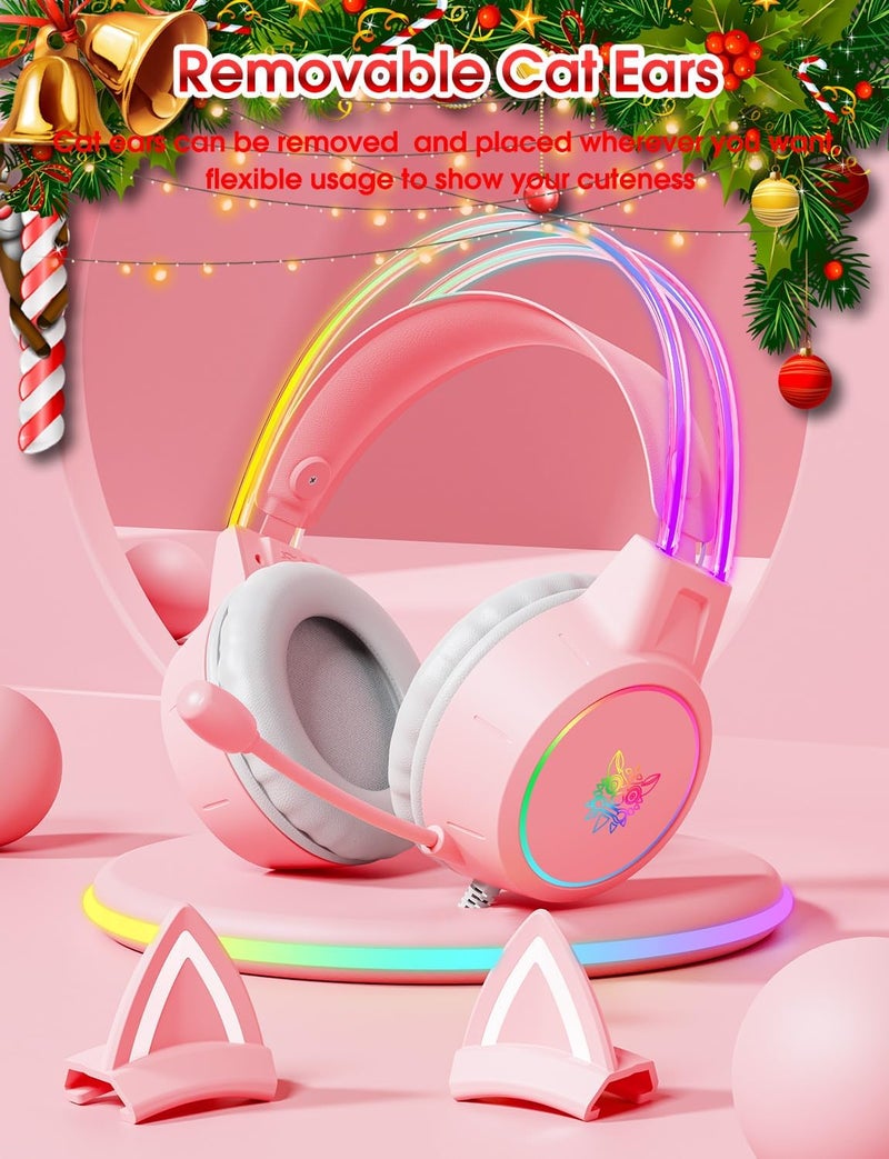 ONITOON Lightweight Gaming Headset with Detachable Cat Ears, RGB Lighting, Wired Over Ear Headphones with Mic for PC, PS4, PS5, Switch, Stereo Surround Sound, Self-Adjusting Headband - Image 2